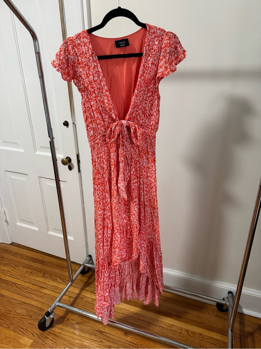 Vici Coral Red Floral Tie-Front High-Low Maxi Dress